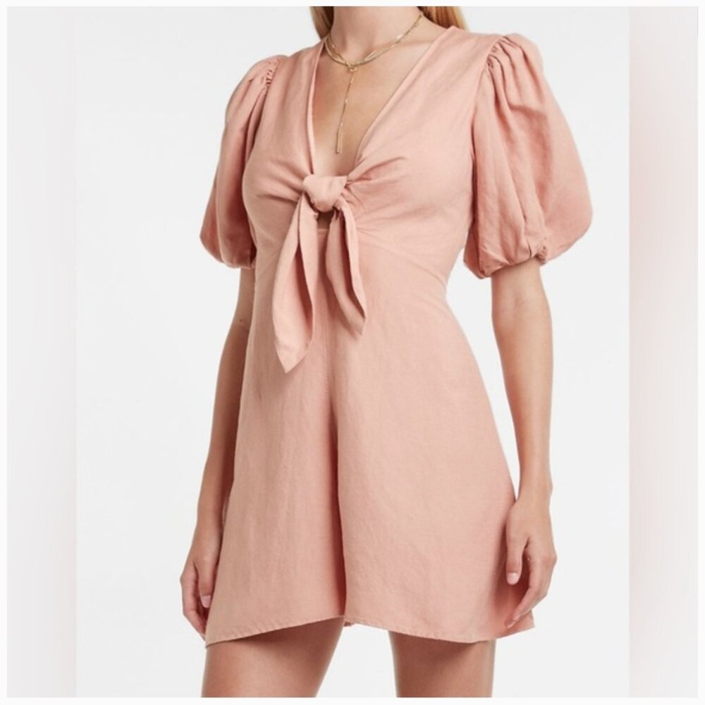 Express romper puff sleeves linen blend fit V-neck with cut-out tie front